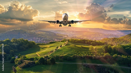 This captivating photo showcases a commercial airplane flying over a picturesque landscape bathed in the golden hour light of sunset © Oksana