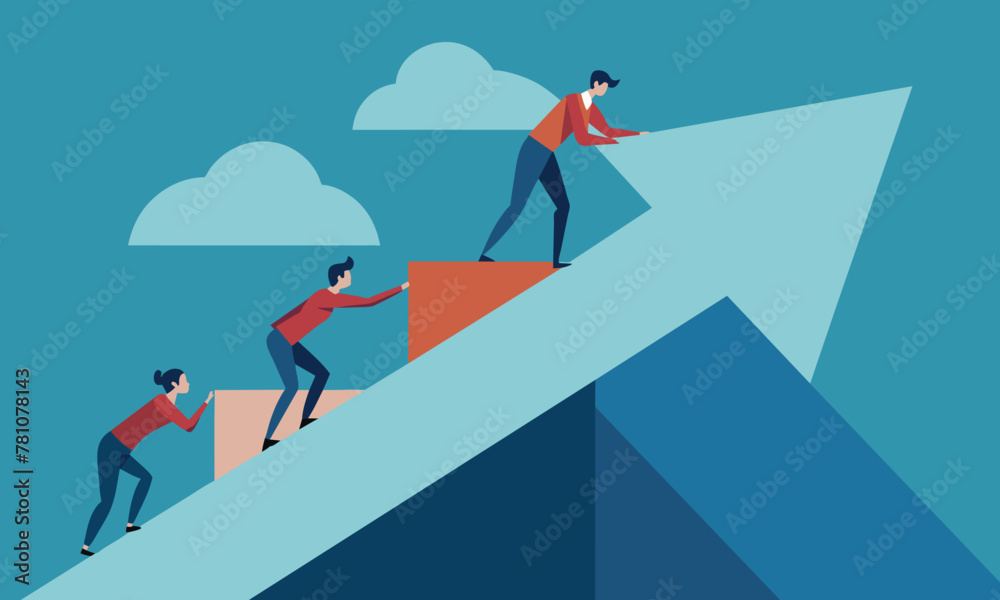 Build your way to success. putting together a puzzle of a success. people standing around solving the problem flat vector illustration