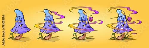 Trippy mushroom funny cartoon character with different steps of decorative elements progress. Groovy psychedelic fungus with funky face emotion. Vector illustration set of positive psilocybin fungi.