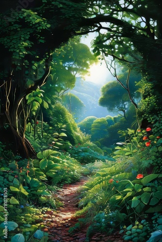 a jungle, rich with various shades of green foliage,
