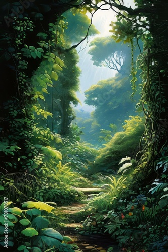 a jungle, rich with various shades of green foliage, © law