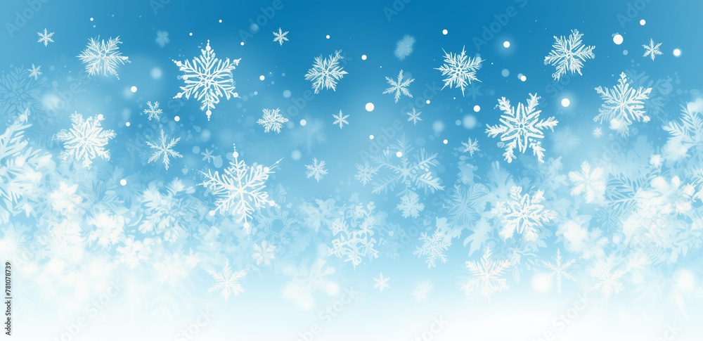 Snowflakes flying in the sky, A cute cartoon snowflake pattern with many snowflakes, depicting a winter wonderland scene with falling snow. Cool colors are used in a minimalist