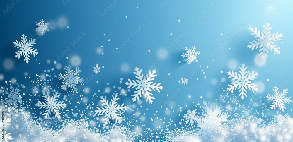 A blue background with white snowflakes falling, creating an atmosphere of cold winter weather. The design is simple and elegant, perfect for adding text or graphics to create festive Christmas themed
