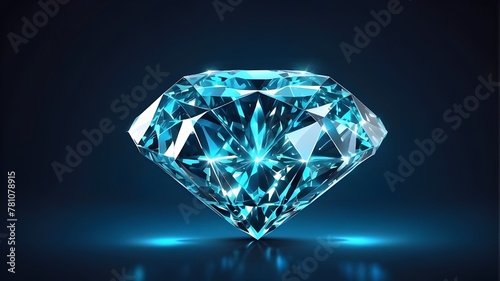 On a blue background, a futuristic glowing diamond sign is isolated. Luxurious, notion of worth.
