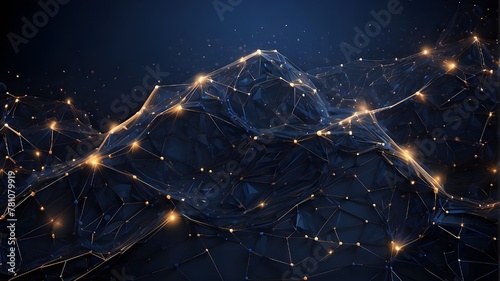Abstract polygonal background including luminous particles, spots, and lines with a plexus effect. Artificial intelligence as a technology or connection notion. Dark blue depiction of a digital vector photo