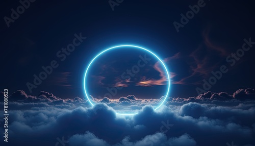 Glowing geometric ring shape with neon light and sky, ring glowing with cloud background