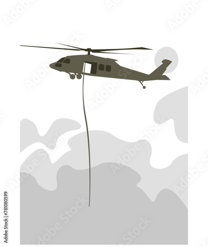 Helicopter hover above the surface in clouds of dust. Vector image for prints, poster and illustrations.