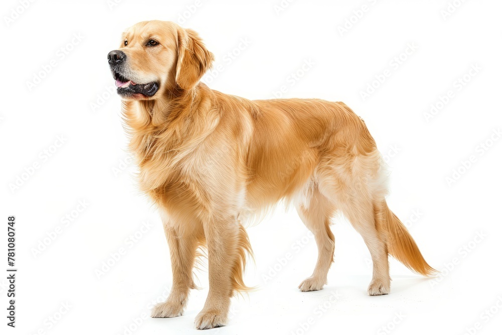 Hopeful happy groomed golden retriever dog is standing and looking away, isolated on white background