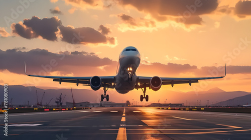 A plane taking off from an airport , clouds 