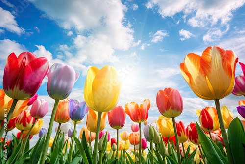 A field of colorful tulips with the sun shining on them