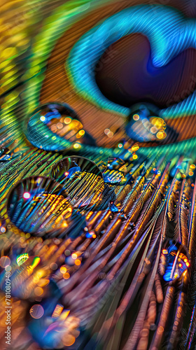 Macro water droplets refract on vivid peacock feather