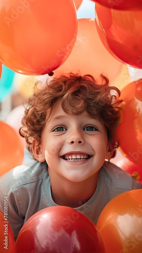 A young boy is surrounded by a bunch of red balloons © Vasilisa