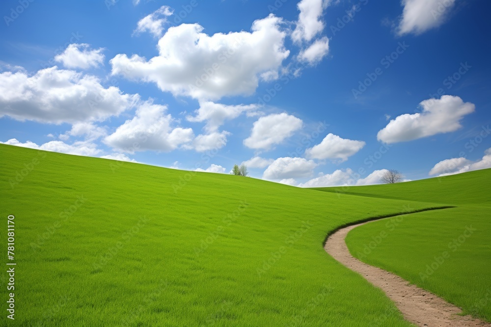 Scenic rural road winding through vibrant green fields under wide blue sky with fluffy white clouds