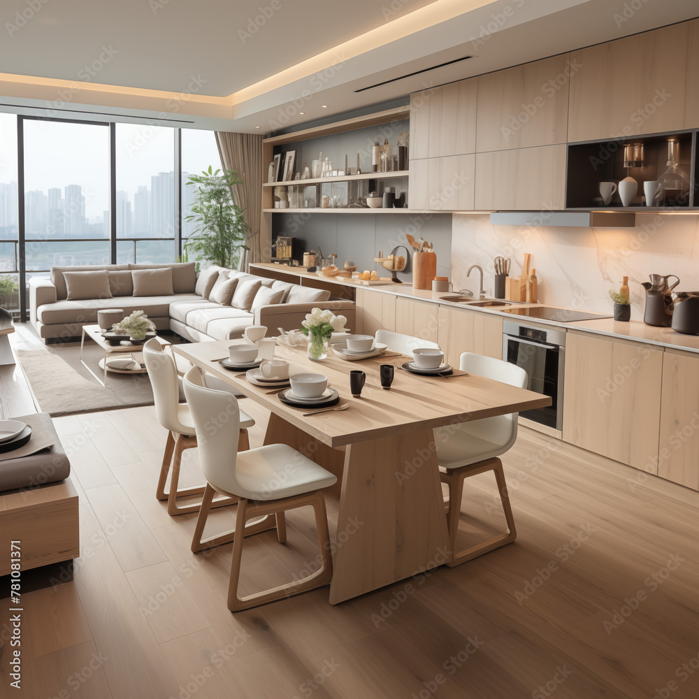 Minimalistic modern wooden kitchen on house with large windows. Modern apartment interior design. Real estate concept