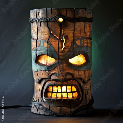 Tiki Torch Lamp with Illuminated Carved Face