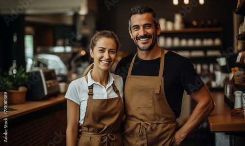 Contented twosome in aprons standing in a cafe