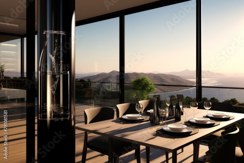 Captivating window view overlooking a serene and beautiful landscape with lush greenery © pueb