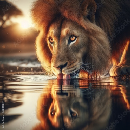 Male lion drinks from reflective watering hole 