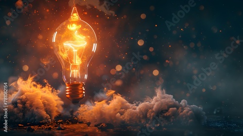 Creative light bulb rocket with blast and smoke takes off on a black background, succes concept