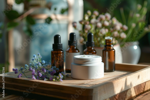 A set of organic and natural skincare products on a wooden tray with flowers in the background