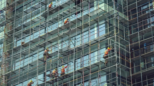 A group of workers erecting scaffolding around a tall building.