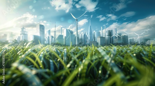 A futuristic cityscape with skyscrapers powered by renewable energy. 