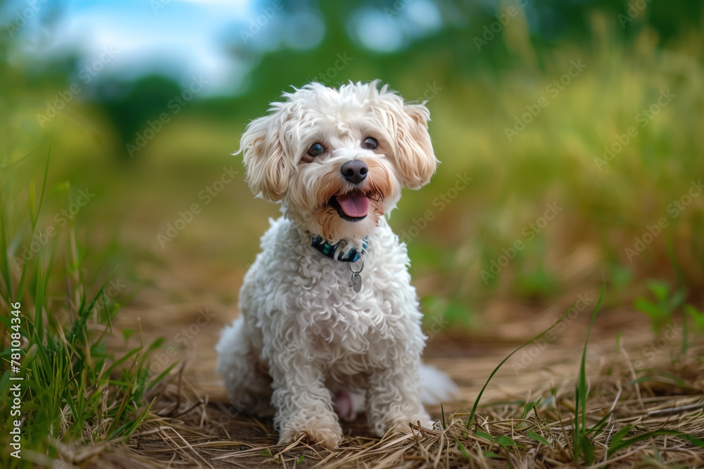 Smiling dog in grassy field
