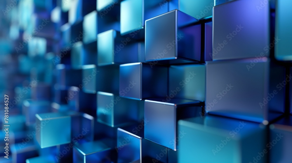 Rising momentum of data intelligence. Big data and Ai core data concept image.  Dark and light metallic blue block stacked and rising. Shallow depth  of field. 3D illustration, 3D rendering.
