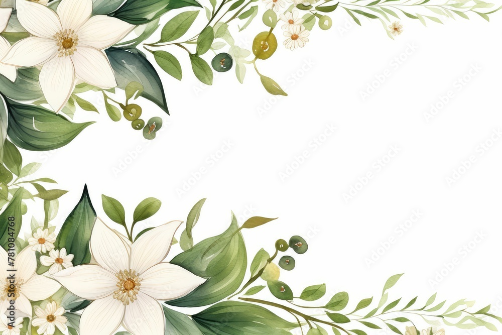 Watercolor edelweiss clipart with small white flowers and green leaves. flowers frame, botanical border, Design template for postcard, invitation, printing, wedding, isolated on white background.