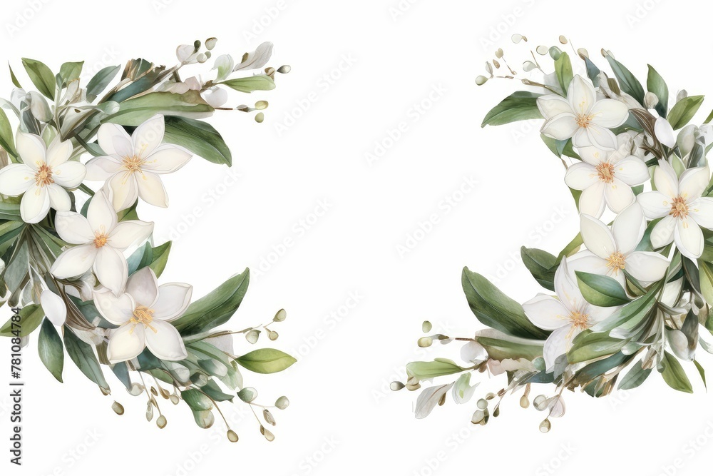 Watercolor edelweiss clipart with small white flowers and green leaves. flowers frame, botanical border, Design template for postcard, invitation, printing, wedding, isolated on white background.