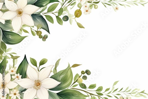 Watercolor edelweiss clipart with small white flowers and green leaves. flowers frame, botanical border, Design template for postcard, invitation, printing, wedding, isolated on white background. photo
