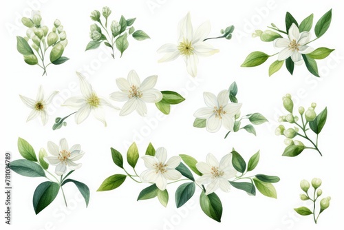 Watercolor edelweiss clipart with small white flowers and green leaves. flowers frame, botanical border, Design template for postcard, invitation, printing, wedding, isolated on white background.
