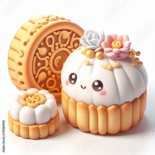 Mid Autumn Moon Cake cute style 3D Render Illustration Element, tea, flowers, lotus, rabbit