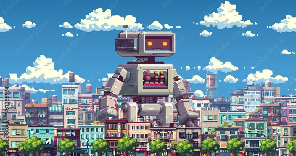 4k loop animation collage. Pixel art. Robot walks through the city