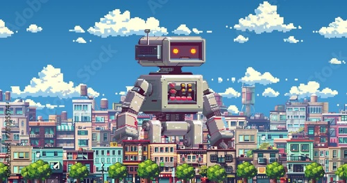4k loop animation collage. Pixel art. Robot walks through the city