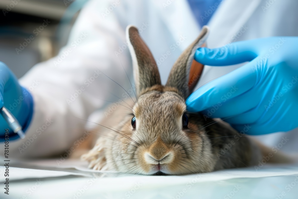 Close-up of a rabbit having its ears checked by a veterinarian, with the vet's hands inspecting for signs of infection or parasites.
Close-up of a rabbit having its ears checked by a veterinarian, with the vet's hands inspecting for signs of infection or parasites.