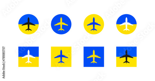 Plane icon in Ukrainian flag colors. Airplane sign vector illustration. Travel symbols badges set. Opening of flights from Ukraine illustration. Blue and yellow colors. Different shapes. Flat style.