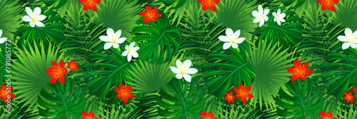 Amazon tropical leaves and flowers seamless pattern. Rainforest foliage template background. Jungle plants repeated banner. Green summer backdrop with tropic palm leaf, hibiscus. Vector illustration.