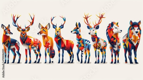 Artistic representation of deer and wolves using vibrant geometric patterns on a clean white background. Generative AI photo