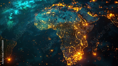 Stunning view of Earth from space showing Africa continent lit up, highlighting city lights and population
