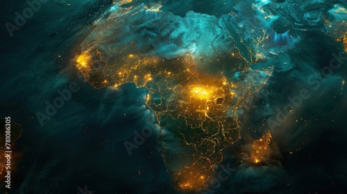 Stunning visual of the African continent showcasing night lights reflecting human activity and geography © Oksana