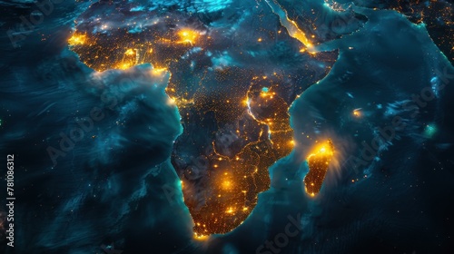 An impactful image presenting Africa and Europe lit up, emphasizing human settlements and landscapes photo