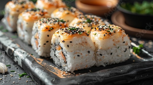 Sushi roll with sesame seeds and black seeds