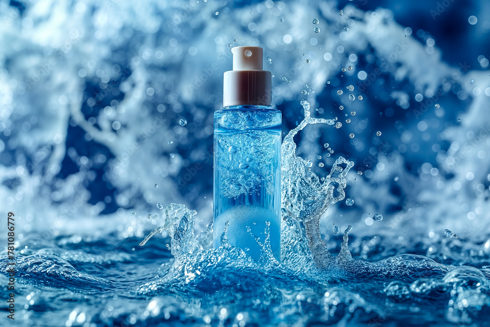 skincare bottle, moisturizing cosmetic serum in transparent bottle with droops in water waves skincare bottle, moisturizing cosmetic serum in transparent bottle with droops in water waves