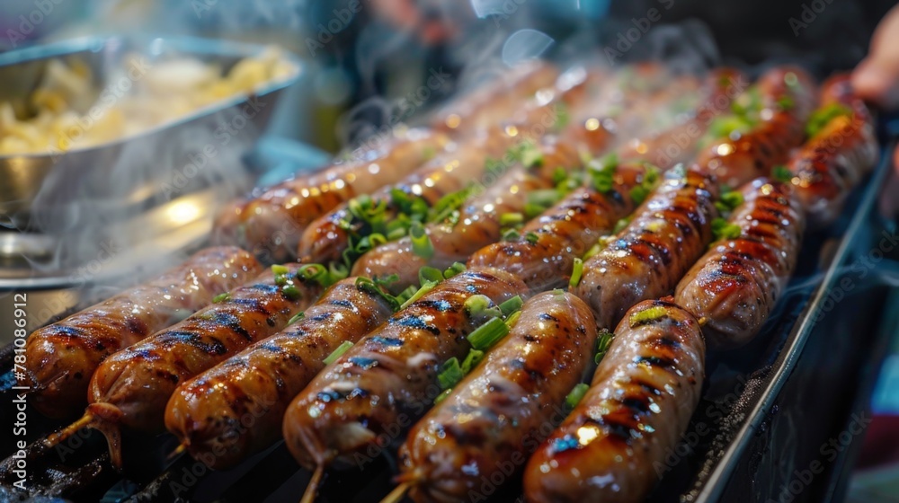 Sizzling sausages on grill with generous sauce