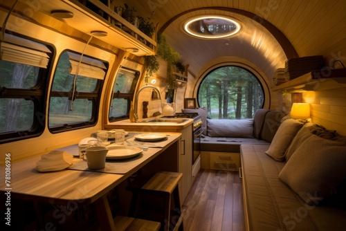  Photo of a dining area in a tiny home on wheels with ambient lighting and stylish design © Hanna Haradzetska