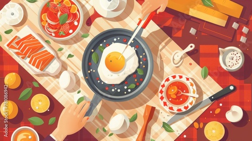 Craft a flat vector illustration for a culinary training course, featuring an overhead view of a dish in preparation, capturing every culinary step.