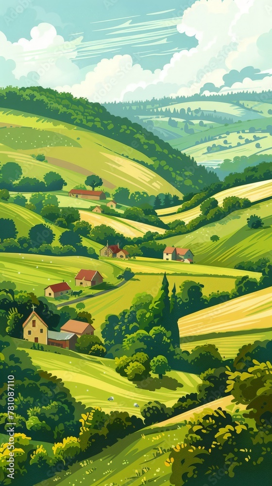 Fototapeta premium Create a picturesque vector depiction of rural tranquility, with farms nestled among hills and trees, ideal for peaceful cover art.