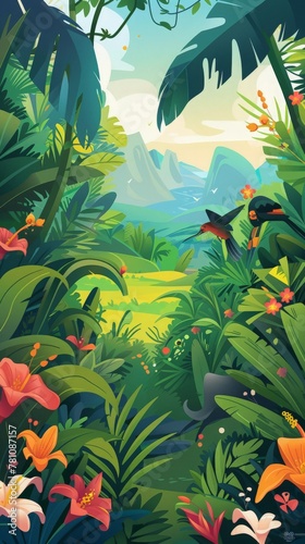 Create a vibrant vector depiction of a lush landscape  blending fields  forests  and wildlife for unique art decorations.