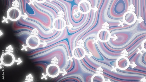 Transgender symbol floating across colorful wavy psychedelic background, vertical photo